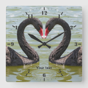 Personalise Two Black Swans birds in heart shape Square Wall Clock
