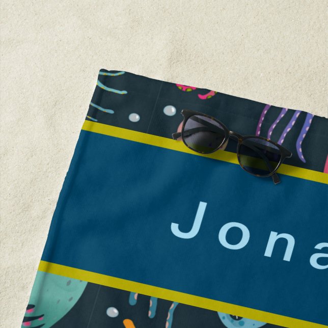 Personalise Under the Sea Marine Life Dark Backgro Beach Towel (In Situ)