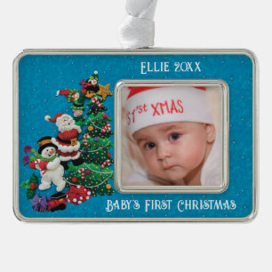 Personalise Unisex Baby's 1st Christmas Cute Chris Silver Plated Framed Ornament