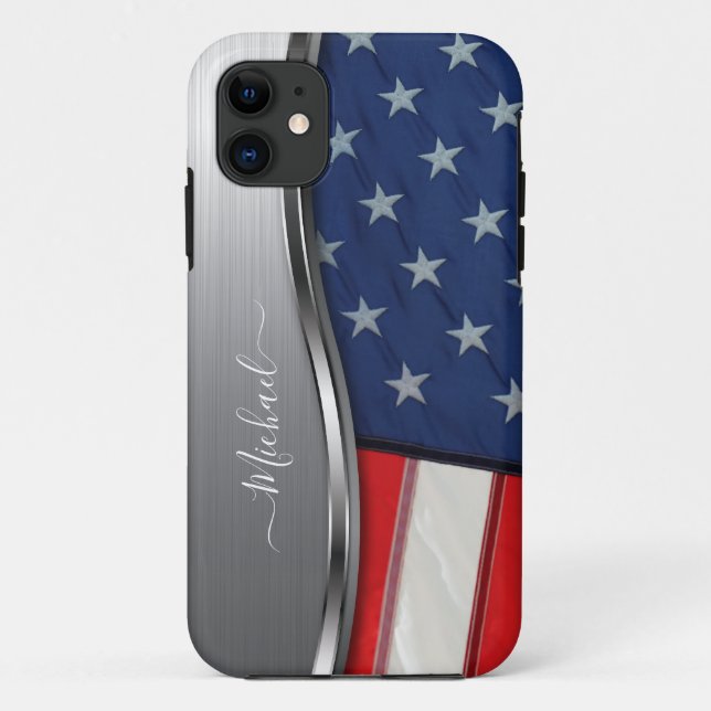 Personalise USA Flag Faux Silver Metal Swirl Case-Mate iPhone Case (Back)