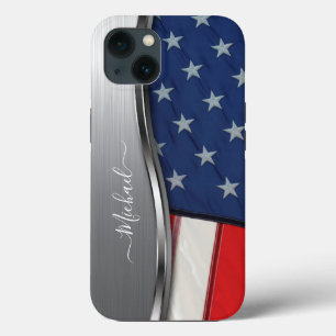 Personalise USA Flag Faux Silver Metal Swirl iPhone 13 Case