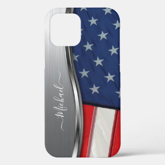 Personalise USA Flag Faux Silver Metal Swirl iPhone 12 Pro Case
