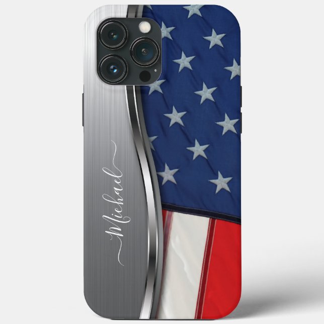 Personalise USA Flag Faux Silver Metal Swirl Case-Mate iPhone Case (Back)
