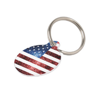 Personalise USA flag red blue sparkles glitters Pet Tag