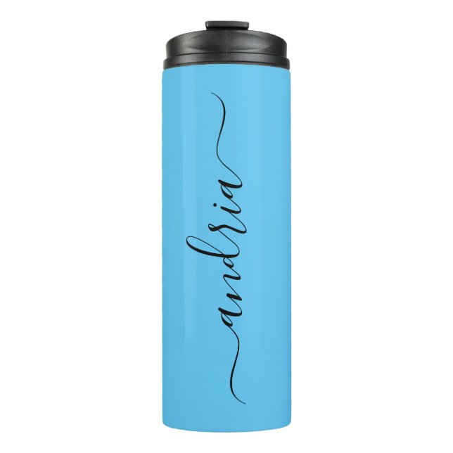 Personalise Vertical Black Script Name, Sky Blue Thermal Tumbler (Front)