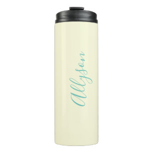 Personalise Vertical Name, Teal Script Text, Ivory Thermal Tumbler