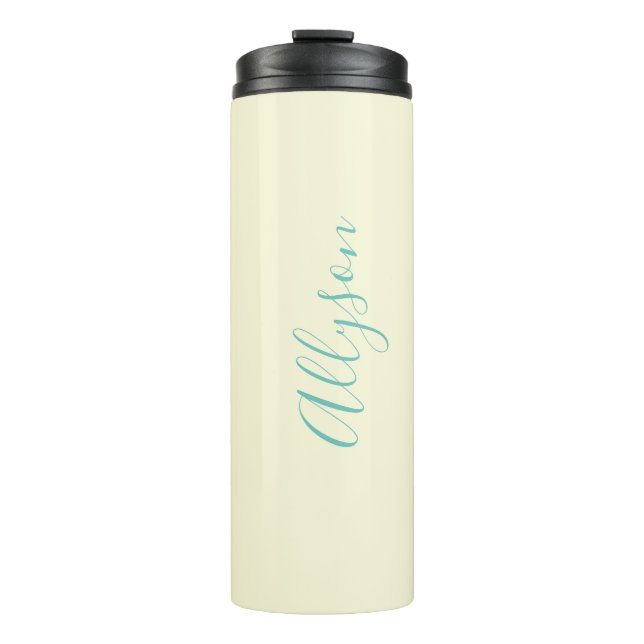 Personalise Vertical Name, Teal Script Text, Ivory Thermal Tumbler (Front)