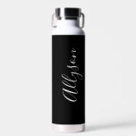 Personalise Vertical Name, White Script, Black Water Bottle<br><div class="desc">Personalise your name in vertical white script text on black background.</div>