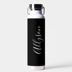 Personalise Vertical Name, White Script, Black Water Bottle