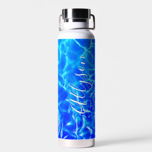 Personalise Vertical Name White Script, Blue Water Bottle