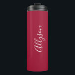 Personalise Vertical Name, White Script, Deep Red Thermal Tumbler<br><div class="desc">Personalise your Name in vertical White Script Text and on Deep Red background. Click “Customise” to change colours and type styles.</div>
