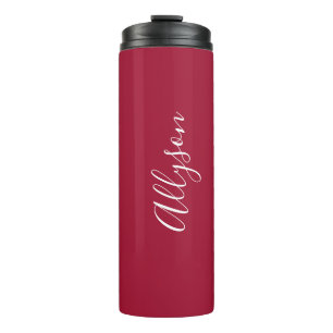 Personalise Vertical Name, White Script, Deep Red Thermal Tumbler