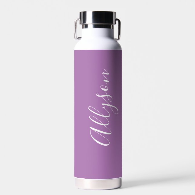 Personalise Vertical Name, White Script, Lavender Water Bottle (Front)