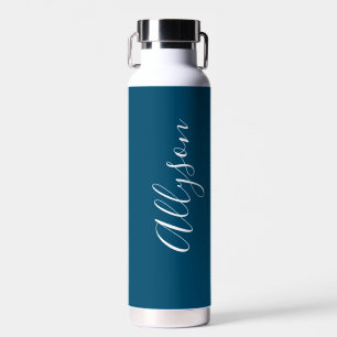 Personalise Vertical Name White Script, Ocean Blue Water Bottle
