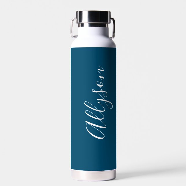 Personalise Vertical Name White Script, Ocean Blue Water Bottle (Front)