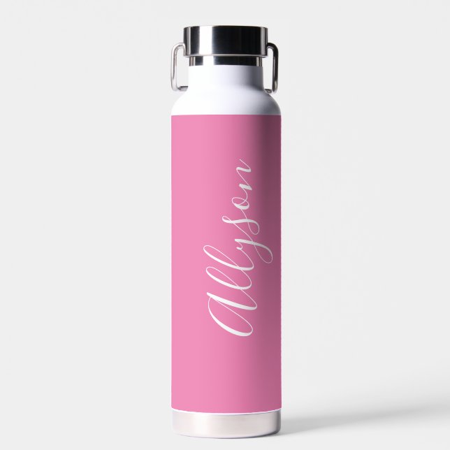 Personalise Vertical Name, White Script, Pink Water Bottle (Front)