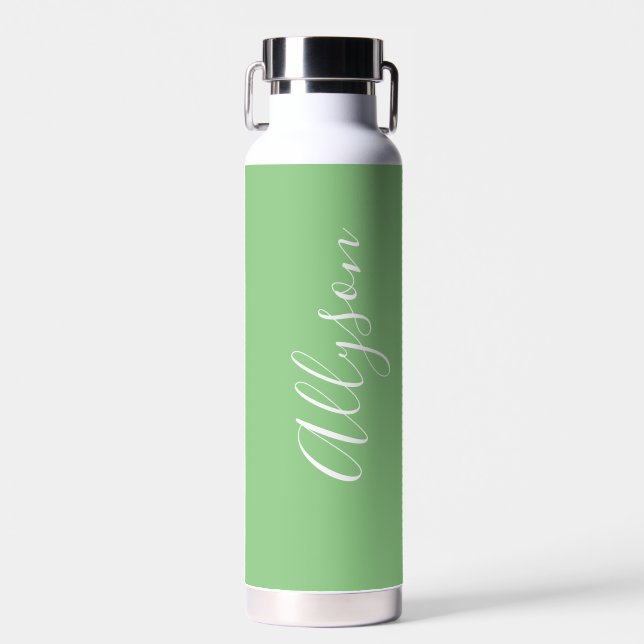 Personalise Vertical Name White Script, Sage Water Bottle (Front)