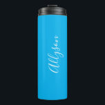 Personalise Vertical Name, White Script, Sky Blue Thermal Tumbler<br><div class="desc">Personalise your Name In White Script Text and vertical on sky blue background.</div>