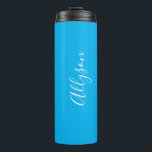 Personalise Vertical Name, White Script, Sky Blue Thermal Tumbler<br><div class="desc">Personalise your Name In White Script Text and vertical on sky blue background.</div>