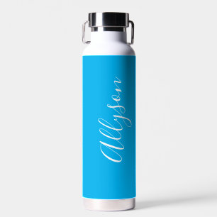 Personalise Vertical Name, White Script, Sky Blue Water Bottle