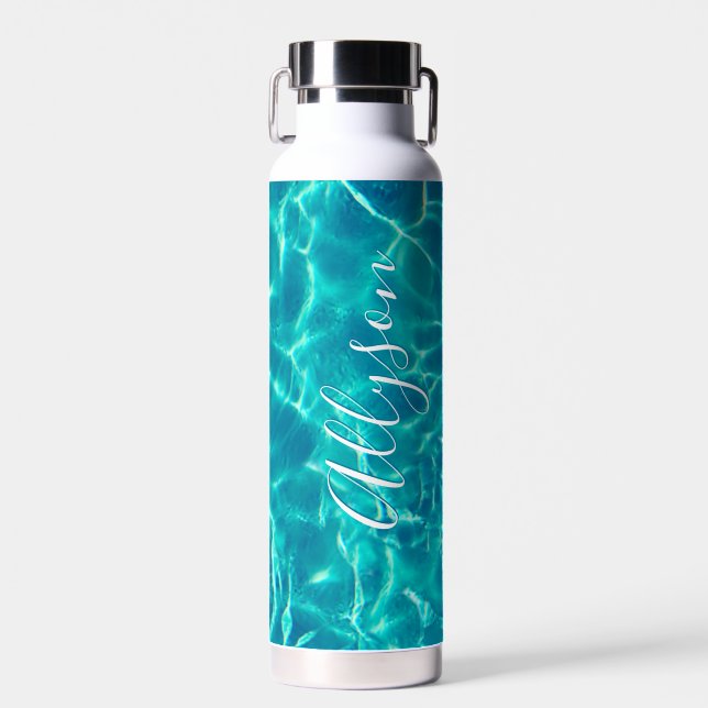 Personalise Vertical Name White Script, Teal Water Water Bottle (Front)