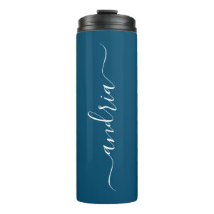 Personalise Vertical White Script Name, Ocean Blue Thermal Tumbler