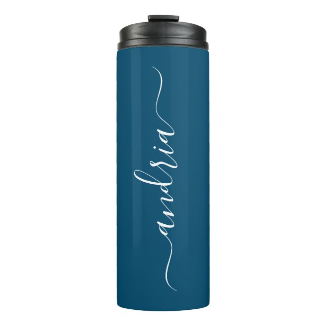 Personalise Vertical White Script Name, Ocean Blue Thermal Tumbler (Front)