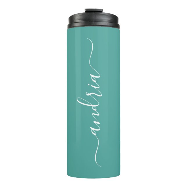 Personalise Vertical White Script Name on Teal Thermal Tumbler (Front)