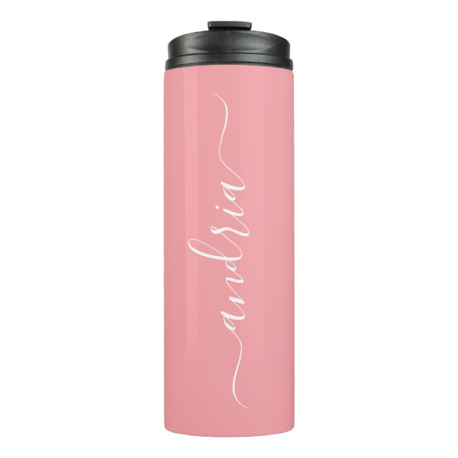 Personalise Vertical White Script Name, Peach Thermal Tumbler (Front)