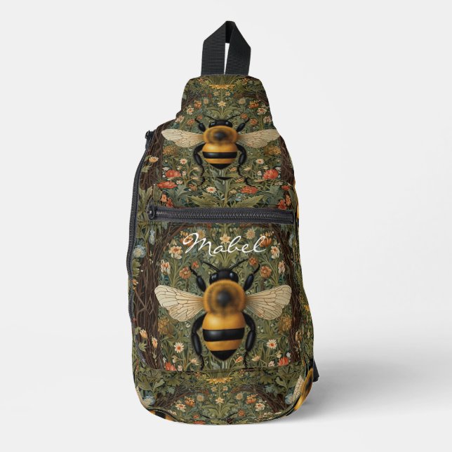 Personalise vintage bumblebee  botanical floral  sling bag (Front)