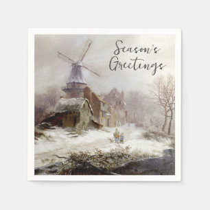 Personalise Vintage Winter Windmill snow landscape Napkin