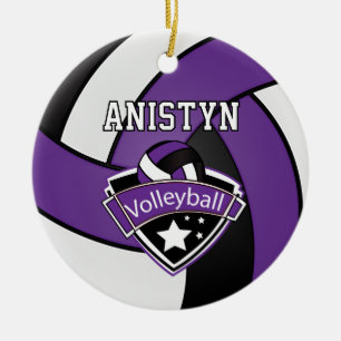 Personalise Volleyball in Purple, White and Black Ceramic Ornament