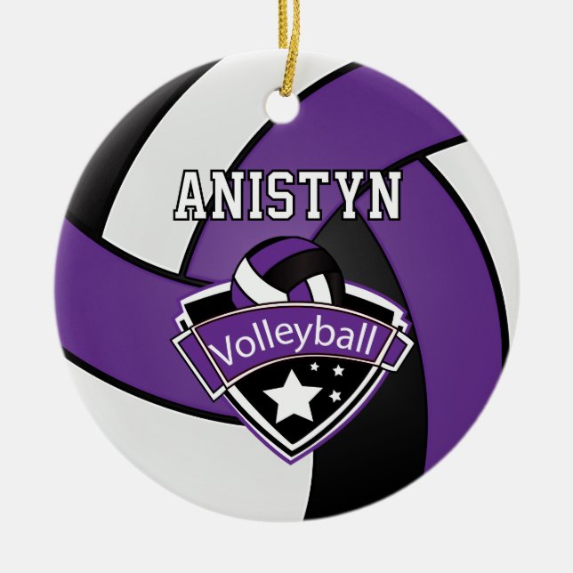 Personalise Volleyball in Purple, White and Black Ceramic Ornament (Front)