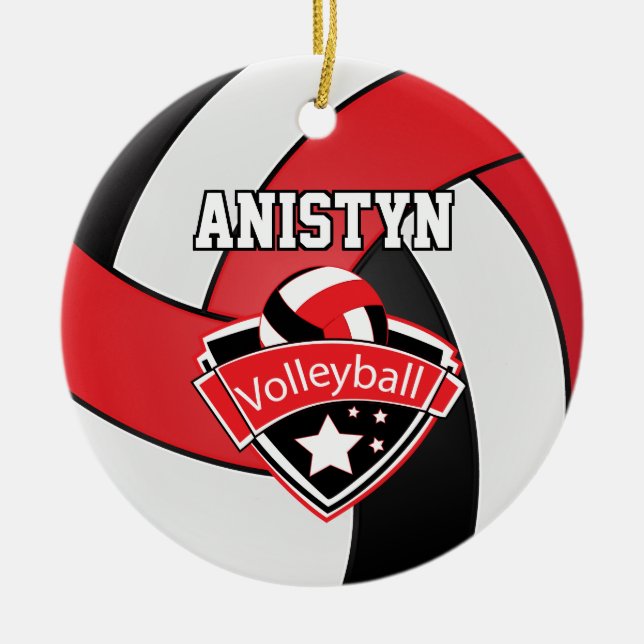 Personalise Volleyball in Red, White and Black Ceramic Ornament (Front)
