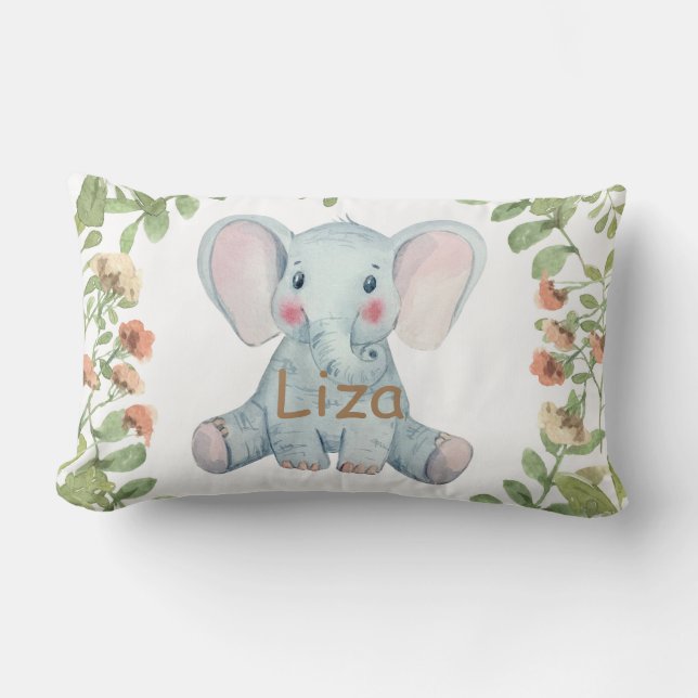 Personalise watercolor elephant greenery nursery lumbar cushion (Front)