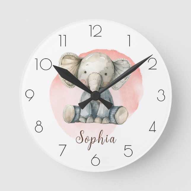 Personalise Watercolor Elephant Nursery Girls Room Round Clock (Front)