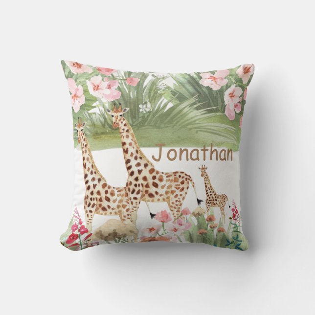 Personalise watercolor giraffe greenery nursery cushion (Front)