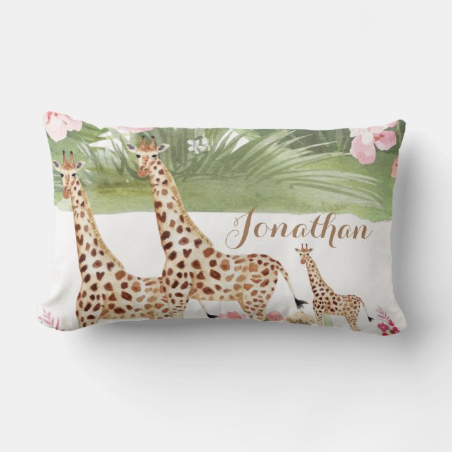 Personalise watercolor giraffe greenery nursery lumbar cushion (Front)