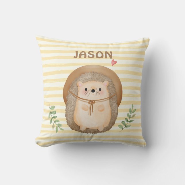 Personalise watercolor hedgehog stripes nursery  cushion (Front)