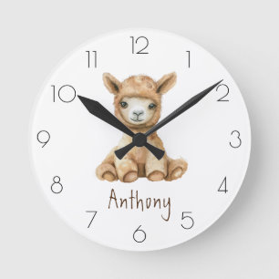 Personalise Watercolor Llama Nursery Child’s Room Round Clock