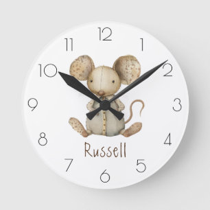 Personalise Watercolor Mouse Nursery Child’s Room Round Clock