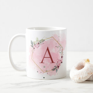Personalise Watercolor Pink Floral Frame Initial  Coffee Mug