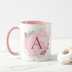 Personalise Watercolor Pink Floral Frame Initial Mug