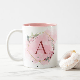 Personalise Watercolor Pink Floral Frame Initial  Two-Tone Coffee Mug