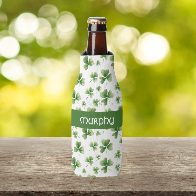 Personalise Watercolor Shamrock Pattern Bottle Cooler (Creator Uploaded)
