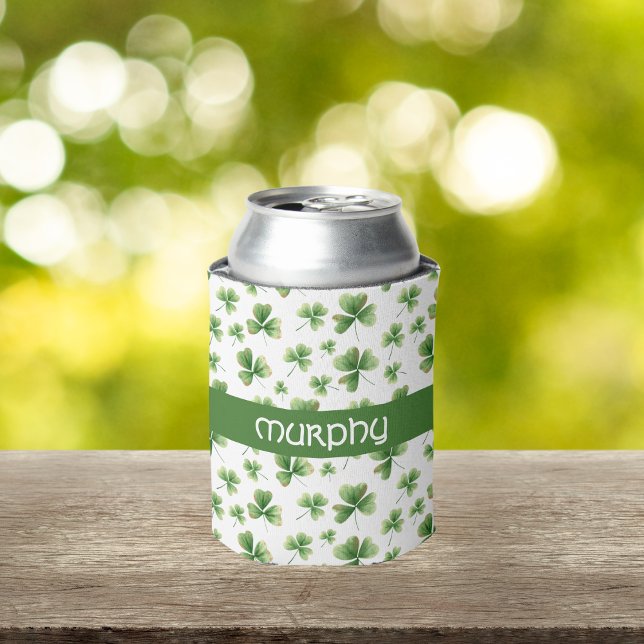Personalise Watercolor Shamrock Pattern Can Cooler (Creator Uploaded)