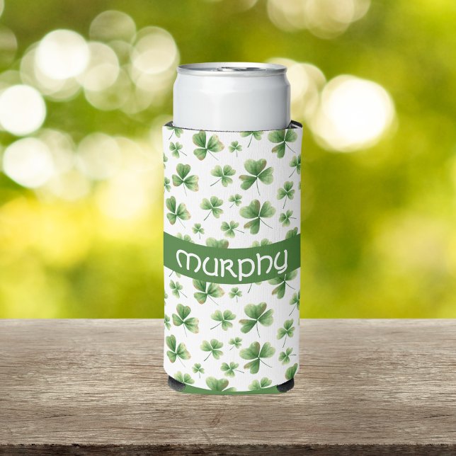 Personalise Watercolor Shamrock Pattern Seltzer Can Cooler (Creator Uploaded)