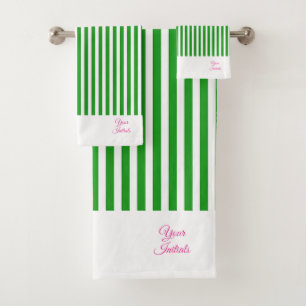 Personalise Wedding Gift Green Striped White Bath Towel Set
