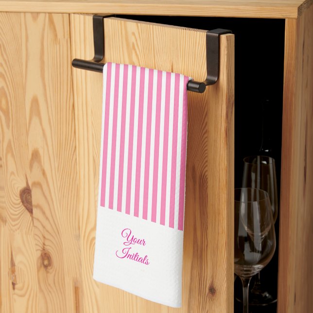 Personalise Wedding Gift Pink Striped White      Tea Towel (Thirds Fold)
