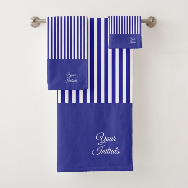 Personalise Wedding Holiday Gift Blue Striped     Bath Towel Set (Insitu)